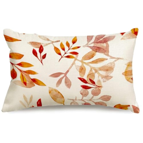 Image of Fall Pillow Covers 12x20 inch Orange White Fallen Leaves Decorative Outdoor Lumbar Throw Pillow Covers Autumn Thanksgiving Farmhouse Decoration for Home Couch(42-12)