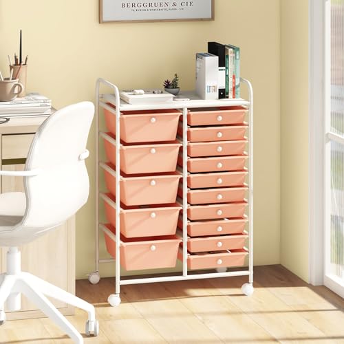 Image of LDAILY 15 Drawer Rolling Storage Cart, Rolling Cart with Drawers for Classroom, Art Supply Craft Organizer on Wheel with Metal Frame & Handles for Home Office School