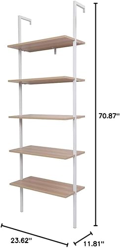Miniatura 6 de Estantería industrial de 5 niveles, estantería montada en la pared, estantería de escalera de madera con marco de metal, estantes colgantes de