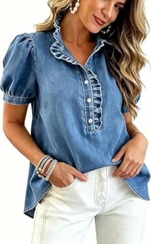 Image of Womens Ruffle Puff Sleeve Denim Shirt, Half Button V Neck Loose Fit Summer Casual Y2K Chambray Tunic Tops (Medium Blue,M)