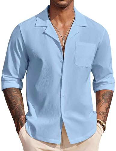 Image of DEELMO Mens Casual Button Down Shirt Summer Beach Shirts Long Sleeve Cuban Collared Tropical Textured Shirts
