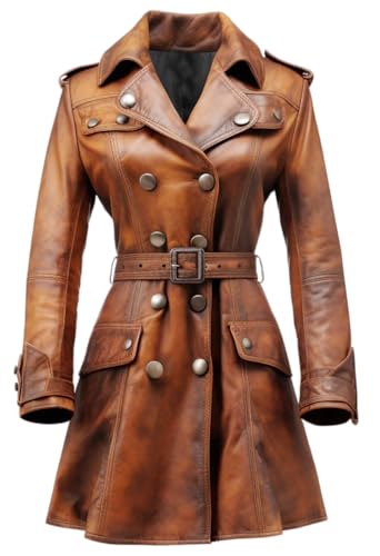 Camel Waxed Distressed Designer Women Real Leather Trench Coat Blazar