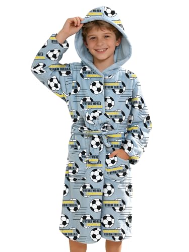 Doctor Unicorn Boys Soft Hooded Bathrobe Kids Warm Gamer Fleece Robe Sleepwear (Gray Soccers-7 Years)