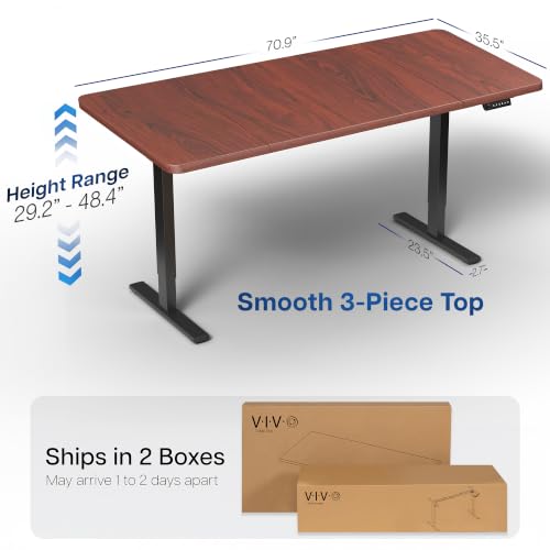 Image of VIVO Dark Walnut 71 x 36 in Standing Desk, DESK-KIT-1B7D-36 | Electric, Holds 220 lbs, Sit Stand, Height Adjustable, Extra Deep Table Top, Memory Presets, 1B Series, Black Frame