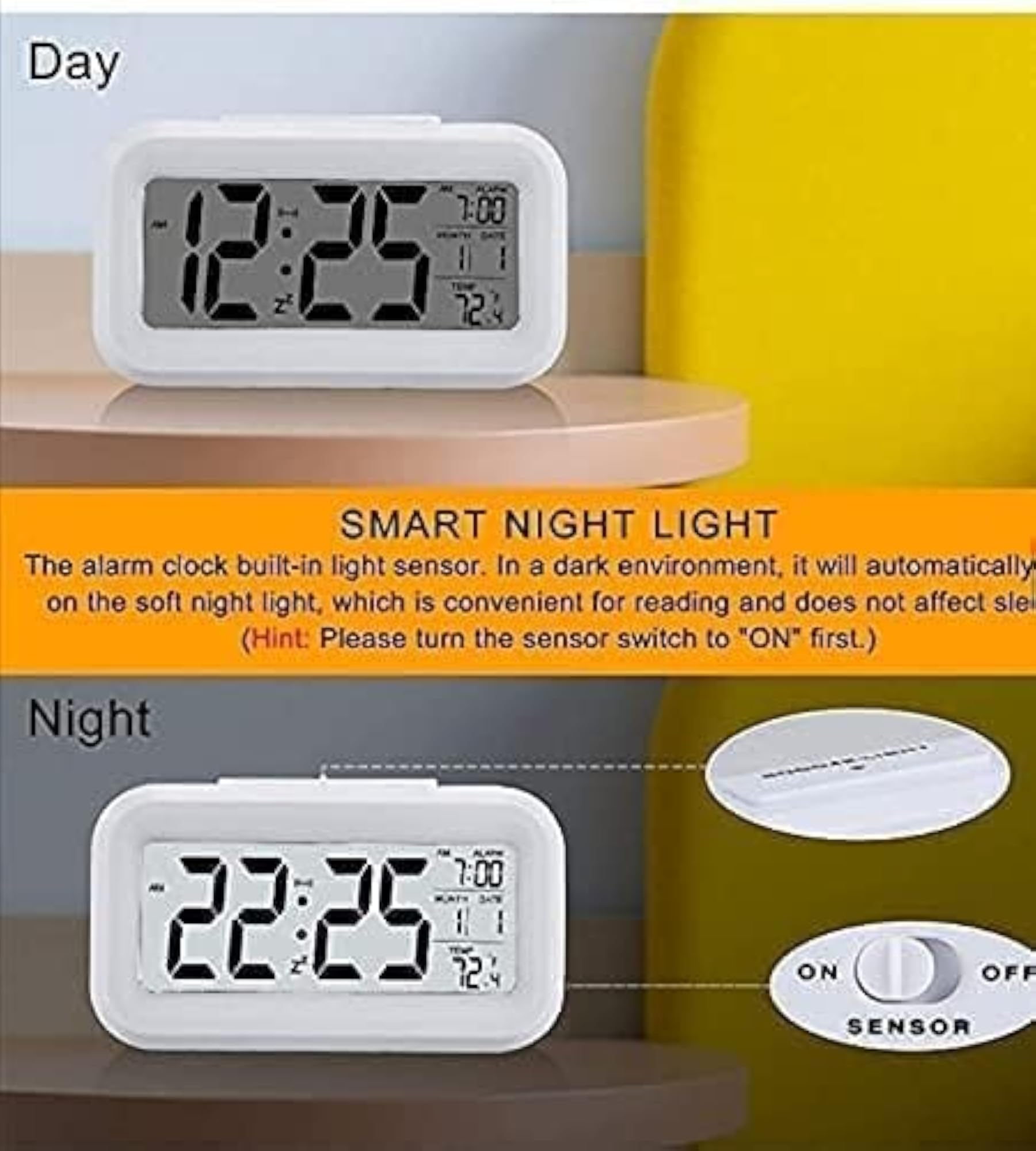Digital Alarm Clock with Automatic Sensor and Date Display
