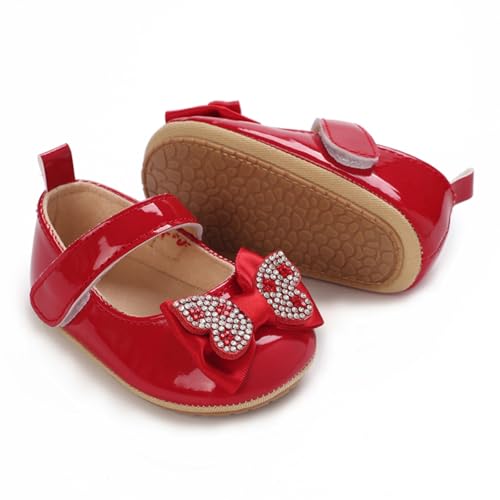 WILLFUN Baby Girls Mary Jane Flats Sparkly Bowknot Princess Dress Crib Shoes Non-Slip for Toddler First Walkers, Red