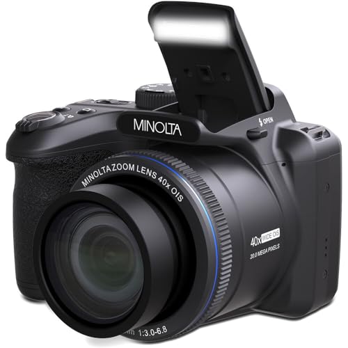 MINOLTA MN40Z 20 Mega Pixels 40x Optical Zoom Digital Camera with 1080p FHD Video, Black, Bundle with 64GB Memory Card + Vlog Tripod + 4xAA Battery with Charger + Accessories