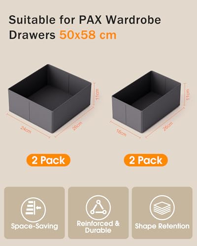 Yucch Schubladen Organizer 4er Set – passend für IKEA PAX 50x58 cm, faltbare Aufbewahrungsboxen mit verstärktem Boden für Unterwäsche, Socken & Babykleidung (Grau)