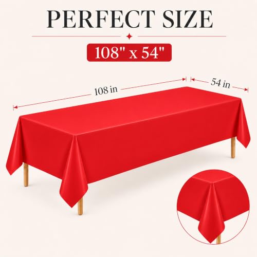 Image of WNINK 6 Pack Red Plastic Tablecloths, 54 x 108 Inch Disposable Covers | Ideal for Birthdays, Weddings, Christmas and Valentine's Day, Helping Protect Tabletops from Spills and Simplify Cleanup