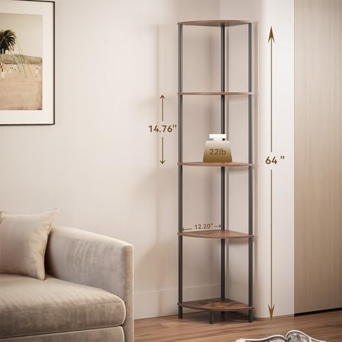 Image of SUNMORY 5 Tier Corner Shelf with LED Light, Industrial 65 inch Corner Shelves | Wall Corner Bookshelf, Display Shelf for Living Room Decor, Multi Unit Organizer, Tall Shelf Plant Stand for Bedroom Bathroom