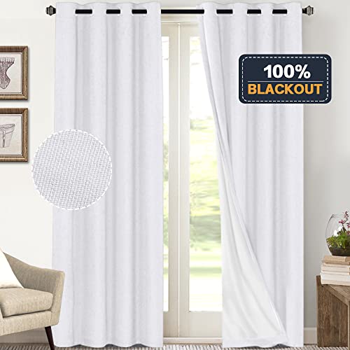 Image of PrinceDeco Blackout Curtains 108 Inches Long 2 Panels Linen Blackout Curtains 100% Black Out Textured Thermal Insulated with White Liner Anti Rust Grommet Top,W52 x L108, White