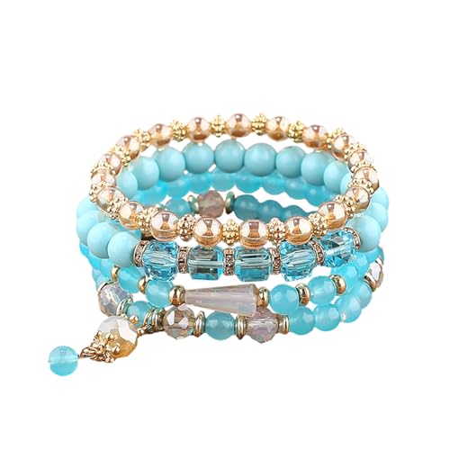 LIAN 4Pcs Bohemian Stackable Bead Bracelets Crystal Stone Stretch Bracelets Multi-Layer Beaded Stackable Bracelet Set Handmade Colorful Charm Bracelets for Women Girls Multilayered Boho Bracelet Blue