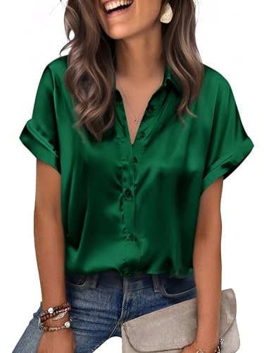 Zeagoo Silk Short Sleeve Blouse Womens Button Up Tops Spring Luxury Clothes Green