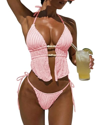 ZAFUL Halter Bikini Sets for Women Textured Backless Two Piece