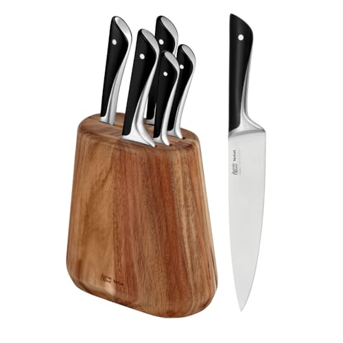 Tefal Jamie Oliver 5 Piece Kitchen Knife Block Set German Stainless Steel Ice-Hardened Blades Chef Bread Santoku Utility & Paring Knives Comfortable Handles K267S556