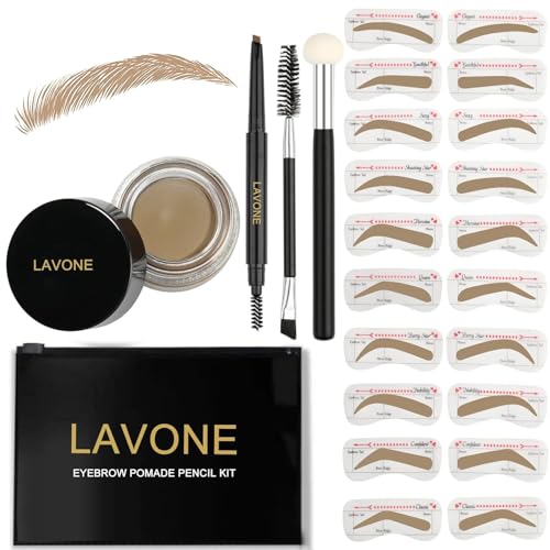LAVONE Juego de 3 sellos para cejas con lápiz de cejas impermeable, ungüento para cejas, 20 plantillas para cejas, cepillo de cejas de doble cara