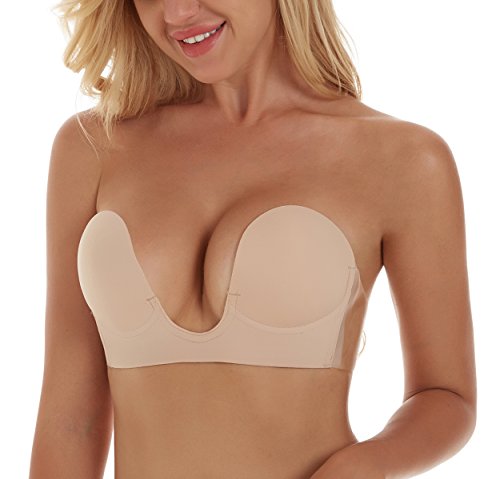 Sticky Bra Invisible Bra Backless Strapless Bra Reusable Sticky Deep Plunge Silicone Push Up No Show Adhesive Bras(D,Nude) #TOP4