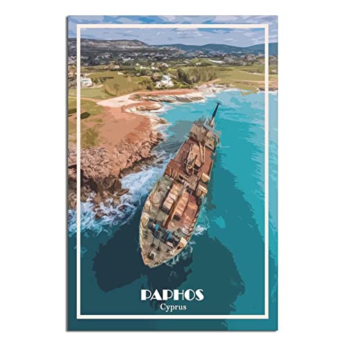 Chypre Paphos Affiche de voyage vintage Skyline Bateau Poster décoratif moderne sur toile pour chambre à coucher