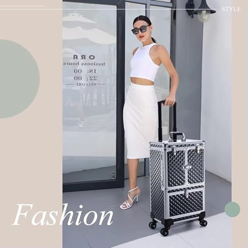 Image of Adson Multifunctional Professional Beauty Makeup Artist Rolling Cosmetic Aluminium Vanity Trolley Beauty Train case Makeup Cosmetic Trolley Hairstylist Travel Organizer (Silver with Design)