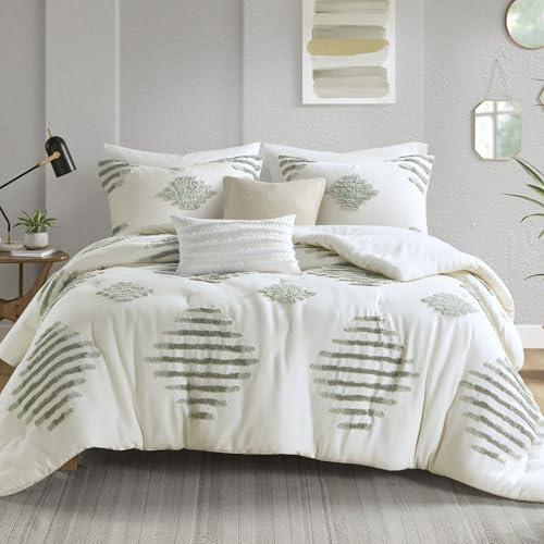 Image of Ink+Ivy Comforter Set Chenille Tufted Geometric Comforter for King Size Bed, Down Alternative All Season Lightweight King Bedding & Shams, Shay, King /Cal King, Green /Ivory 3 Piece