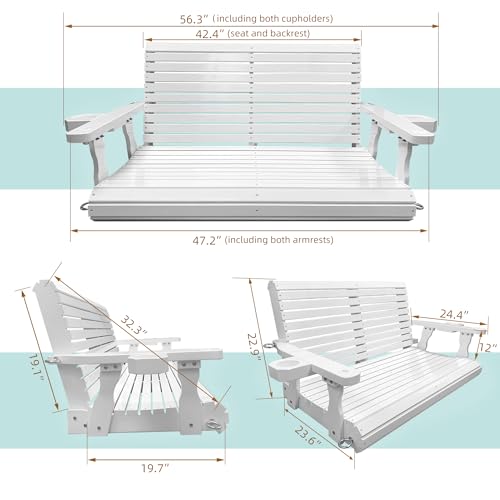 Fortune Candy Wooden Porch Swing 2-Seater, Bench Swing with Cupholders, Hanging Chains and 7mm Springs, Heavy Duty 880 LBS, for Outdoor Patio Garden Yard (Pure White, 4 FT Extra Large) - Thumbnail 6