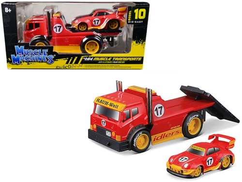 Muscle Machines JDM Flatbed Truck #17 Red RAUH-Welt BEGRIFF and Porsche RWB 911 993#17 Red Muscle Transports Series 1/64 Diecast Model Cars