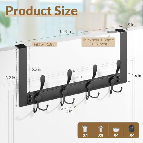 Over The Door Hooks with 4 Triple Hooks,Space Saving Over The Door Towel Rack, Door Coat Hanger for Clothes Towel Keys Backpack Purse Jackets (2, Black) by BAKON - Image 4