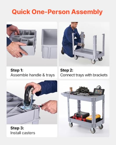 Image of VEVOR Utility Cart, 550 lbs Capacity, 2 Tier Service Cart with 360 Swivel & Fixed Wheels (2 with Brakes), Heavy Duty Plastic Rolling with Storage Tray, Tool Storage for Garage Warehouse Workshop
