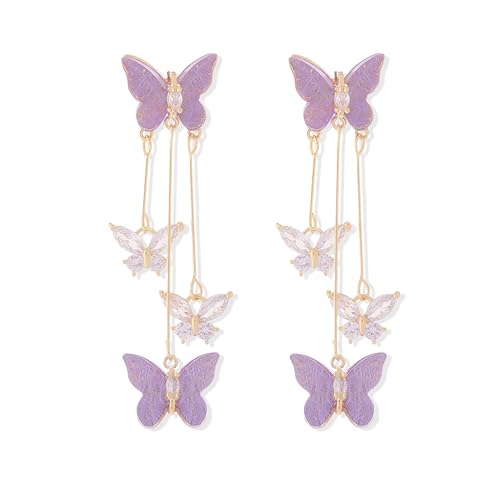 Butterfly Earrings for Women Sparkle Purple Butterfly Earrings Crystal Butterfly Tassel Earrings Purple Earrings Jewelry for Singer Fans Costume Outfits Gifts - Main Image