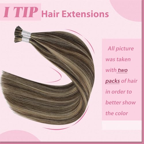 Image of YoungSee I Tips Hair Extensions Brown Itip Hair Extensions Real Human Hair Highlight Dark Brown with Blonde I Tips Hair Extension Real Human Hair 18 Inch 50g Itip Hair Extension for Everyday Wear 60s