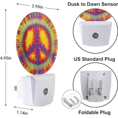 Image of Peace Sign Tie Dye Night Lights Plug into Wall Yellow Colorful Circle Plug-in Nightlight Auto on /Off Dim Light Sleep Friendly for Home Decor & Holiday Gifts for Family Friends