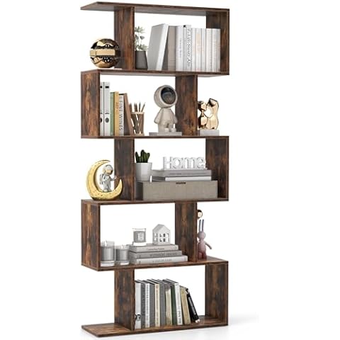 CASART 5-Tier Wooden Bookcase with S-Shape Design Cover