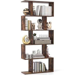 CASART 5/6 Tier Wooden Bookcase, Free Standing Shelving Stand Rack, S-Shaped Bookshelf Storage Display Unit (Brown,70 x 24 x 158cm)