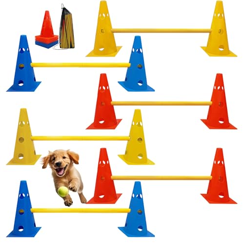 GeerDuo Dog Agility Hurdle Cone Set Dog Agility Backyard Set Include Height cossbar Agility Rods Dog Agility Equipment for Rehabilitation & Beginners(Blue+Orange+Yellow)