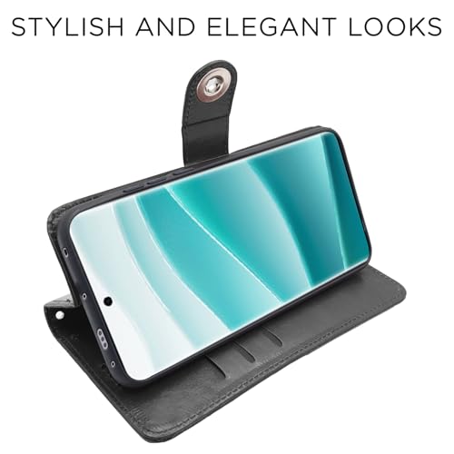Image of Pikkme Flip Cover Leather Finish | Inside TPU with Card Pockets | Wallet Stand and Shock Proof | Complete Protection Button Flip Case for Redmi Note 14 Pro /Redmi Note 14 Pro Plus 5G(Black)