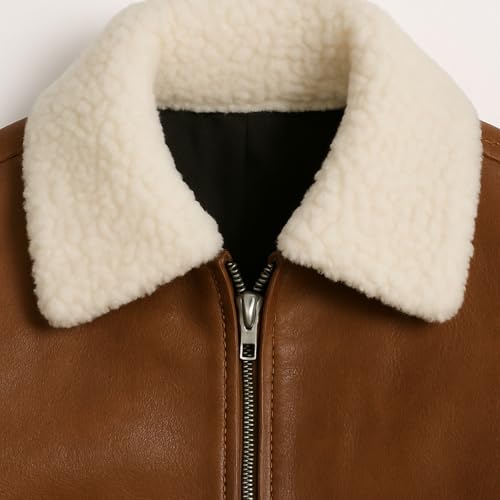 Women's Genuine Leather Jacket with White Faux Fur Collar – Brown Classic Bomber Style Soft Inner Lining3