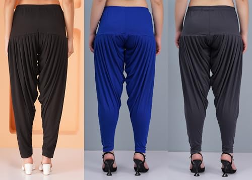Image of Buy That Trendz Womens Patiala Pants Dhoti Patiyala Salwar Harem Viscose Bottoms Pants Pack of 3 Black-Royal Blue-Dark Grey L
