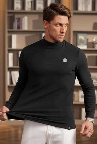 Image of Herberton Mens Mock Turtleneck Shirts Thermal Fleece Casual Undershirt | Mockneck, Long Sleeve, Warm Fleeced, Regular Fit, Soft Feel, Stretchy, Solid Color, Embroidery Design, Cold Weather, S-2XL