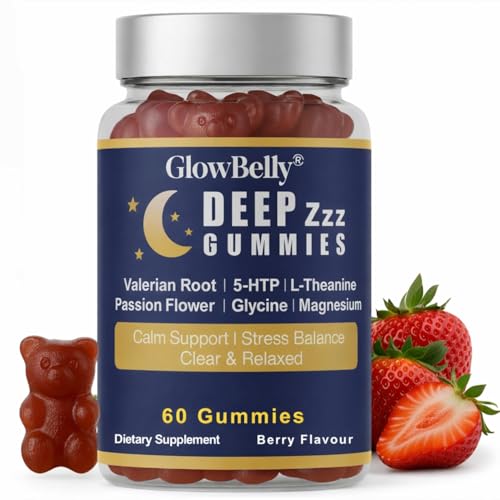 Nighttime Sleep Gummies – With 5-HTP, L-Theanine, Valerian Root, Magnesium, Passionflower & Glycine – 60 Berry Gummies Deep ZZZ by GlowBelly