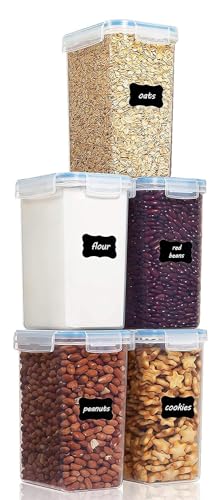 Image of Kitchen Storage Container Set of 5pc Food Safe & BPA Free Plastic Kitchen Containers and Jars 500ml Cereal Dispensers Airtight Fridge Container with Leakproof Lid (1.5L, Rectangular, Transparent)