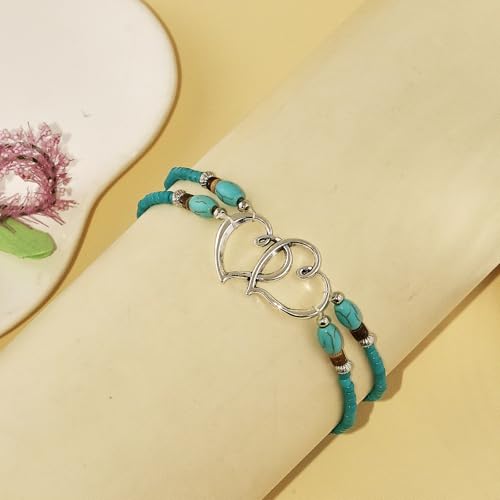 Image of Elastic Beaded Ankle Bracelets for Women Double Heart Layered Stretch Ankle Bracelets Waterproof Dainty Boho Beaded Anklets for Summer Beach Foot Jewelry