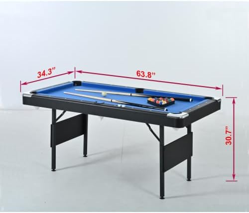 Foldable Pool Table 63.8” for Small Space, Wooden Steel Indoor Game Table, American Design Billiard Table with Balls,Cue Sticks,Chalks,Brush,Triangular Rack