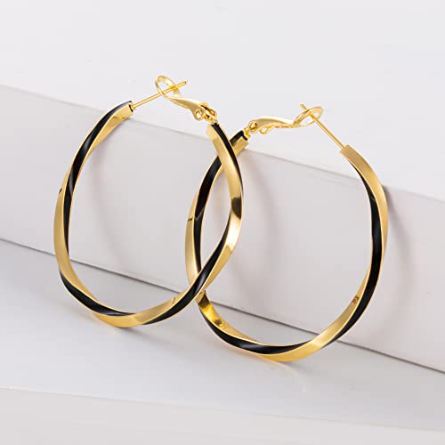 Big Twist Hoop Earrings - 18K Gold Plated,Twist Hoop Earrings - 925 Sterling Silver Post，Lightweight Gold Hoops Black and white element for Women and Girl3