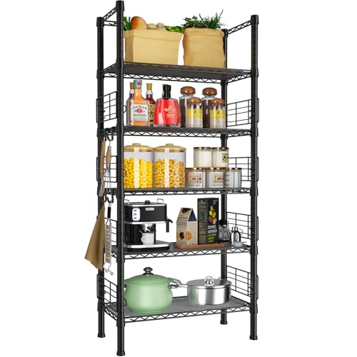 FUTASSI Metal Storage Rack, Storage Organizer Shelves for Kitchen, Bathroom, Living Room, Balcony and Garage, 5 Tiers Narrow Bookshelf, 21.2