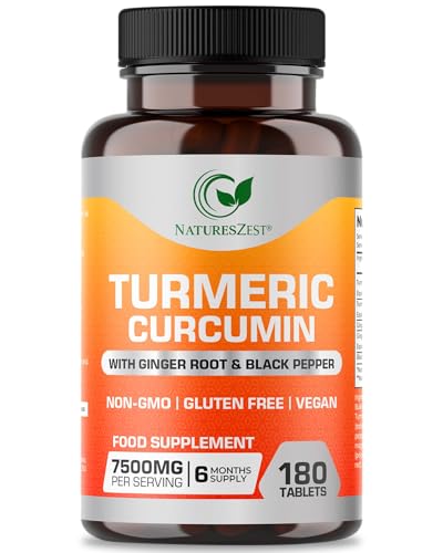 Turmeric Curcumin Tablets Complex 7500mg, 6 Month Supply High Strength with Ginger Root & Black Pepper, 180 Vegan Turmeric Tablets, Vegan & Gluten Free Supplement for Men & Women