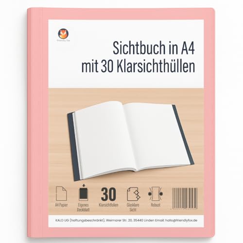Friendly Fox Sichtbuch A4 mit Klarsichthüllen Präsentationsmappe mit 30 Klarsichtfolien für 60 Sichten Urkunden- oder Zeugnismappe rosa