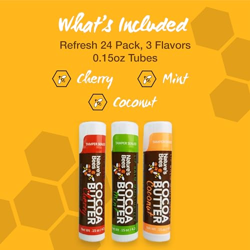 Nature's Bees Cocoa Butter Lip Balm, Lip Care for Dry Lips, Coconut Oil, Beeswax, Vitamin E, Aloe, & Shea Butter, 0.15 oz Each, 3 Flavors Coconut, Cherry, and Mint, 24 Pack - Packaging May Vary