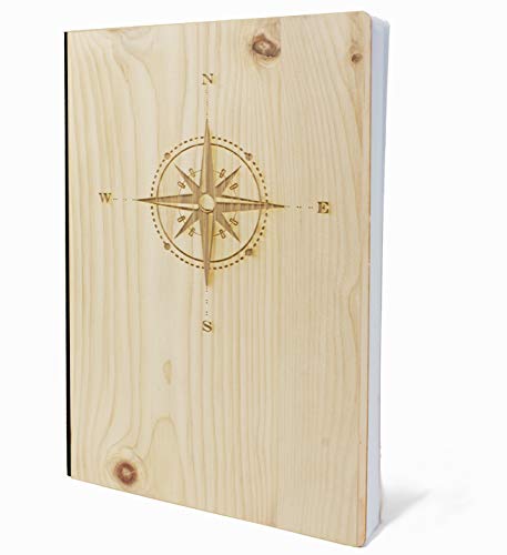 myZirbe Notizbuch mit Holz Cover in A5 - KOMPASS - Echtholz Notebook zum Reinschreiben Zirbenholz Holzeinband 192 blanko Seiten 90g Cover