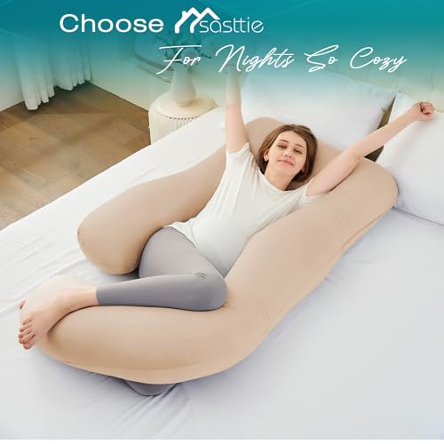 Image of Cooling Pregnancy Pillows for Sleeping, 57'' Full Body Pillow, Beige | Sasttie Maternity Pillow, OEKO-TEX, Down Alternative, Removable Cover, Pregnant Women Must Haves, Maternity Essential