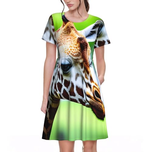 Robe d'été motif girafe col rond manches courtes coupe droite décontractée